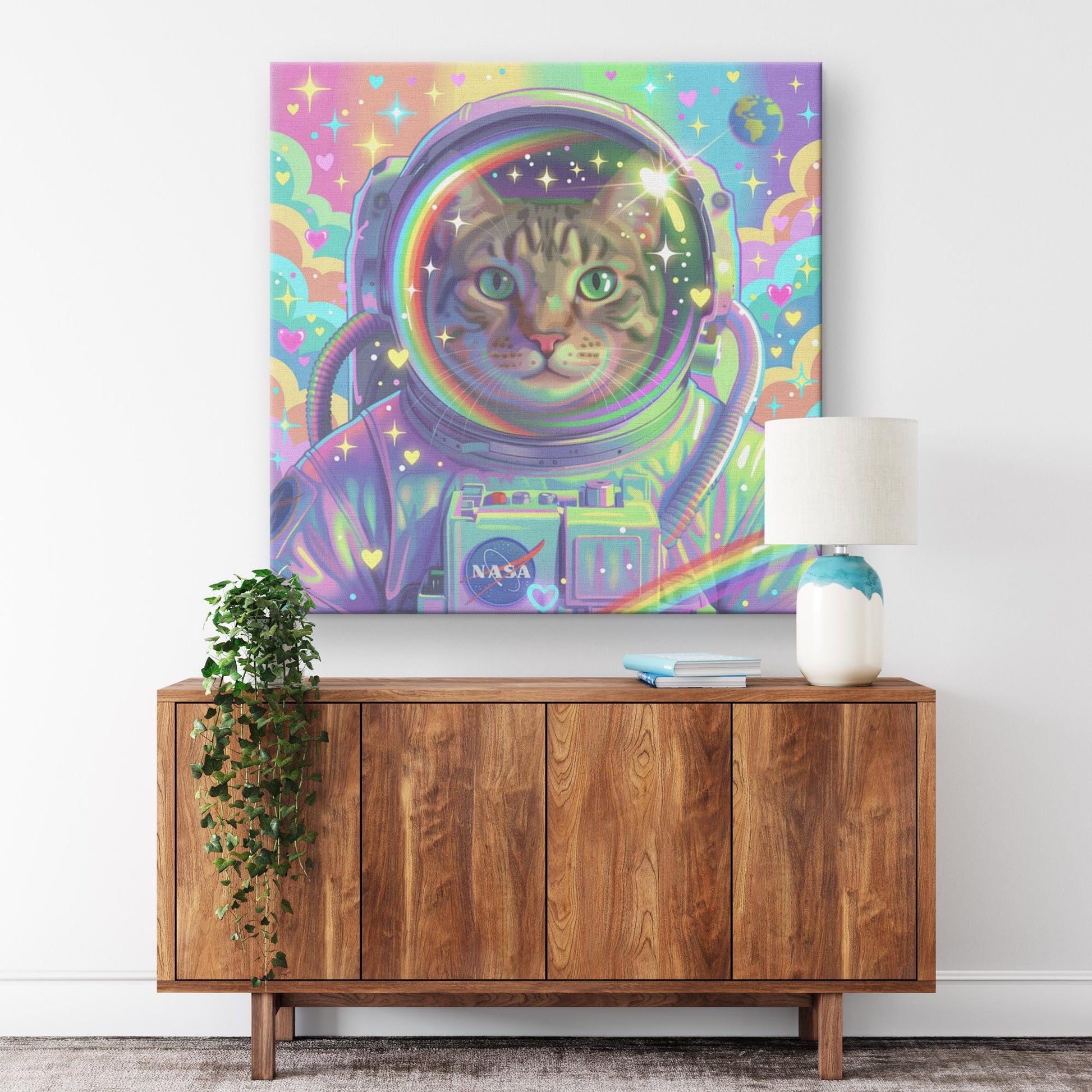 Astronaut Pet Portrait, Custom Space Explorer Art, Rainbow, Colorful