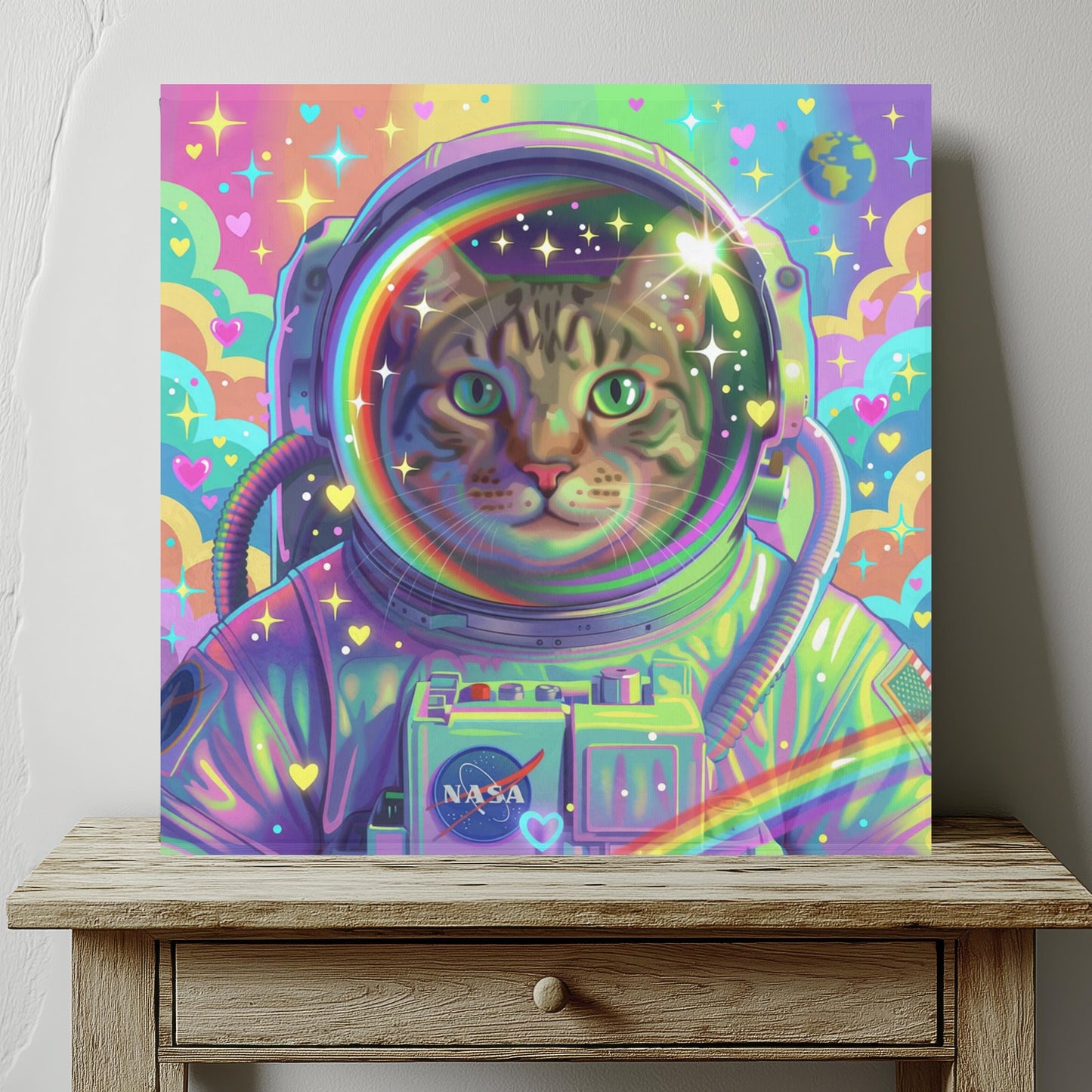 Astronaut Pet Portrait, Custom Space Explorer Art, Rainbow, Colorful